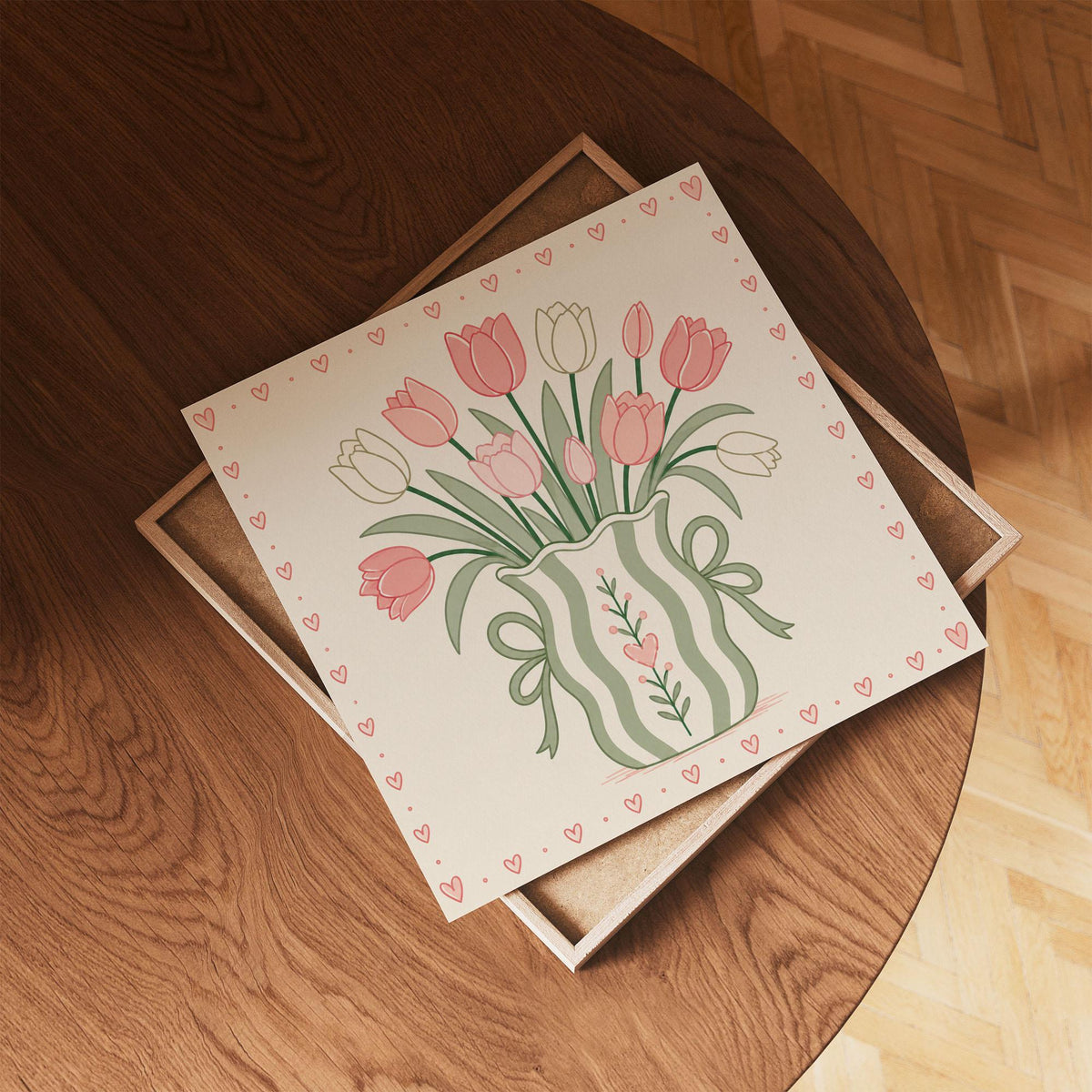 Pink Tulip Bouquet Print, Sage Green Floral Wall Art, Whimsical Striped Vase Poster