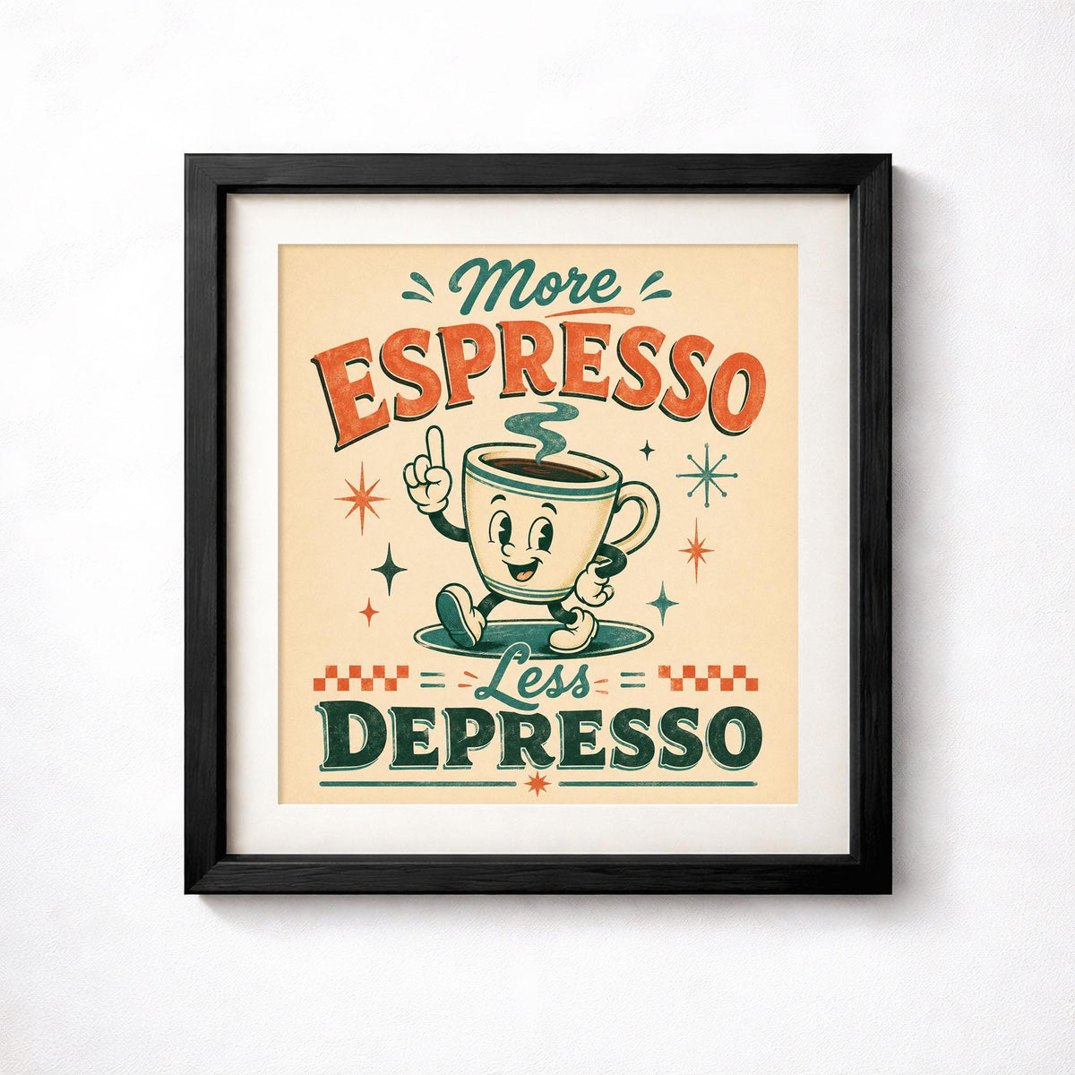 More Espresso Less Depresso Print, Retro Coffee Wall Art, Mid-Century Kitchen Poster