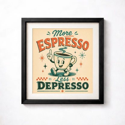 More Espresso Less Depresso Print, Retro Coffee Wall Art, Mid-Century Kitchen Poster