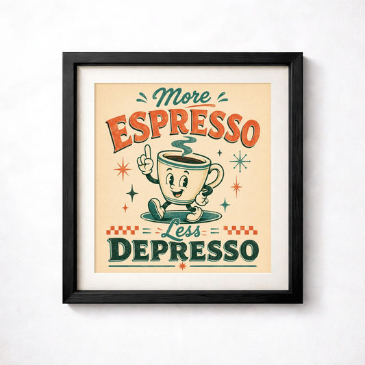 More Espresso Less Depresso Print, Retro Coffee Wall Art, Mid-Century Kitchen Poster