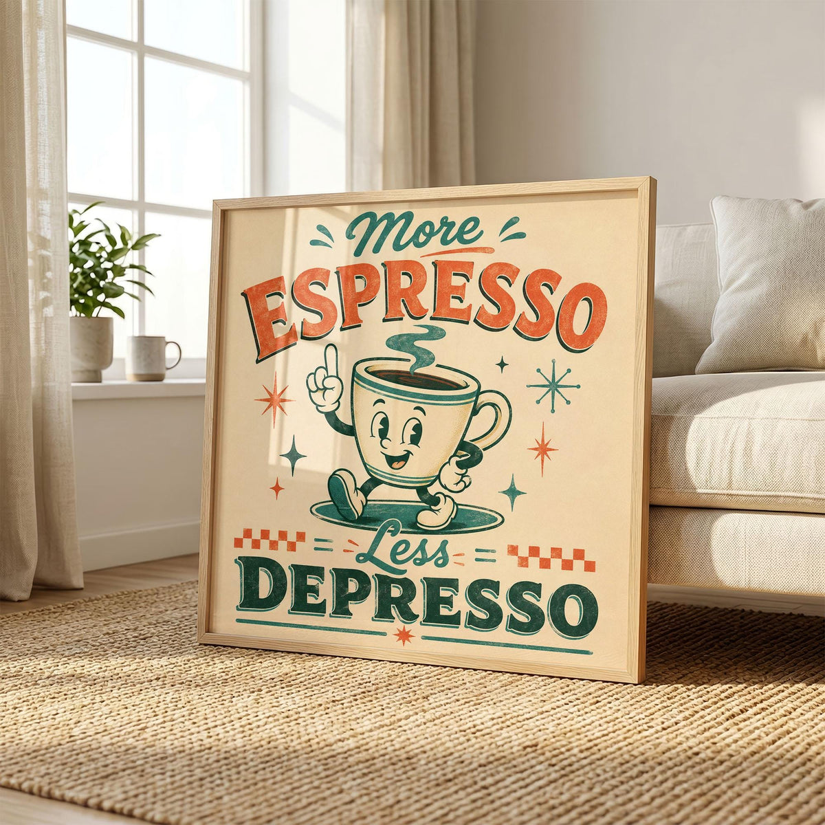 More Espresso Less Depresso Print, Retro Coffee Wall Art, Mid-Century Kitchen Poster