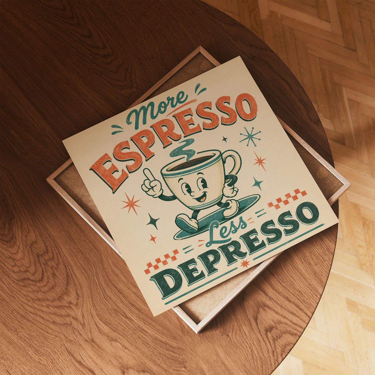 More Espresso Less Depresso Print, Retro Coffee Wall Art, Mid-Century Kitchen Poster