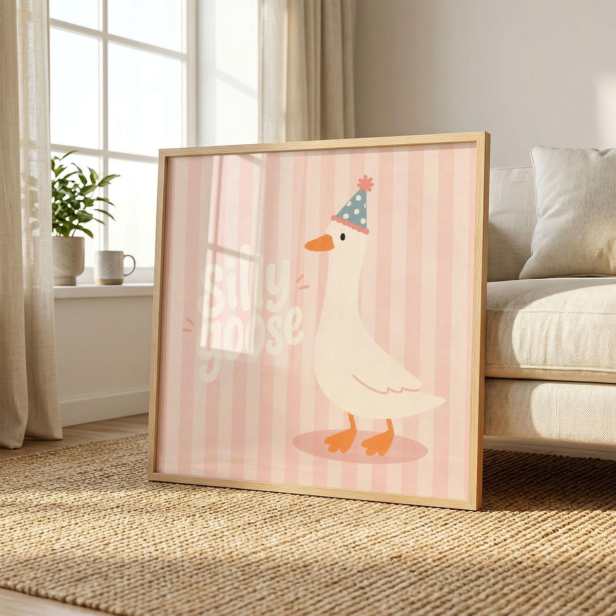 Party Hat Goose Print, Pink Nursery Wall Art, Whimsical Kids Poster