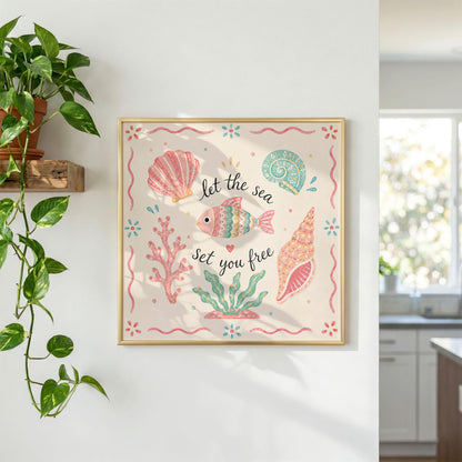 Let the Sea Set You Free Print, Pastel Coastal Wall Art, Seashell Poster
