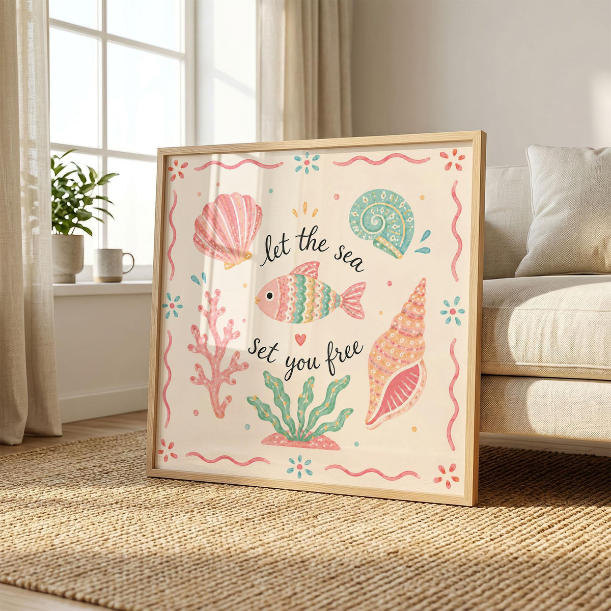 Let the Sea Set You Free Print, Pastel Coastal Wall Art, Seashell Poster