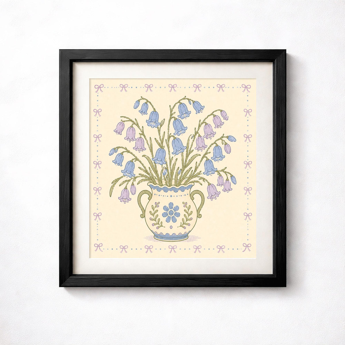 Bluebell Bouquet Print, Blue and Lilac Flowers in Decorative Vase, Floral Wall Art