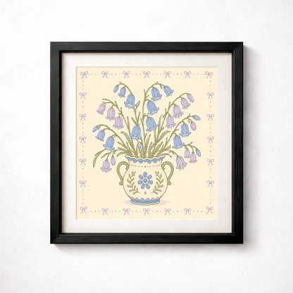 Bluebell Bouquet Print, Blue and Lilac Flowers in Decorative Vase, Floral Wall Art
