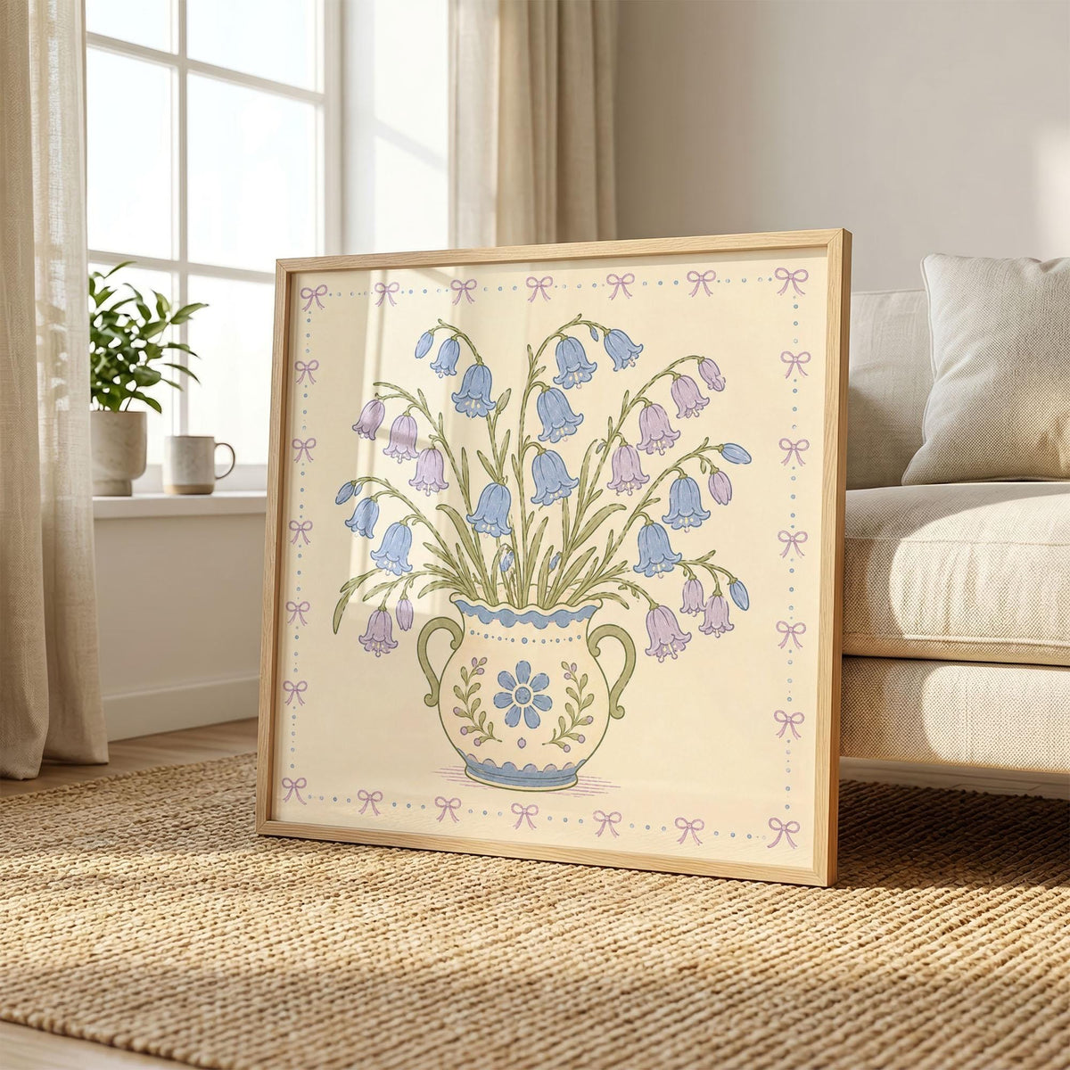 Bluebell Bouquet Print, Blue and Lilac Flowers in Decorative Vase, Floral Wall Art