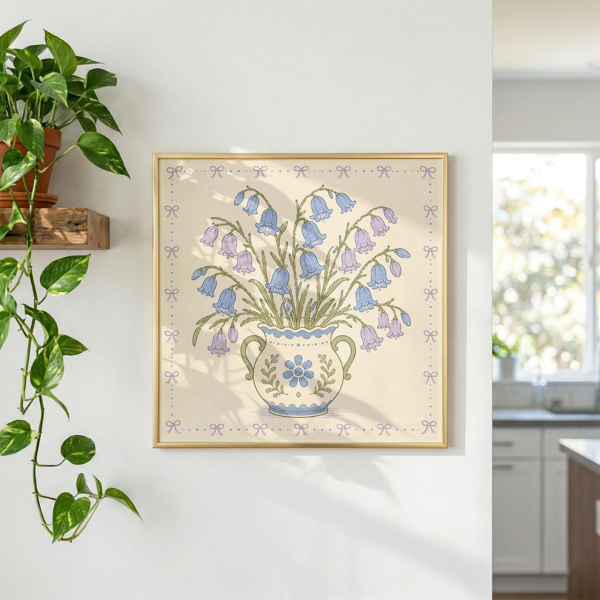 Bluebell Bouquet Print, Blue and Lilac Flowers in Decorative Vase, Floral Wall Art