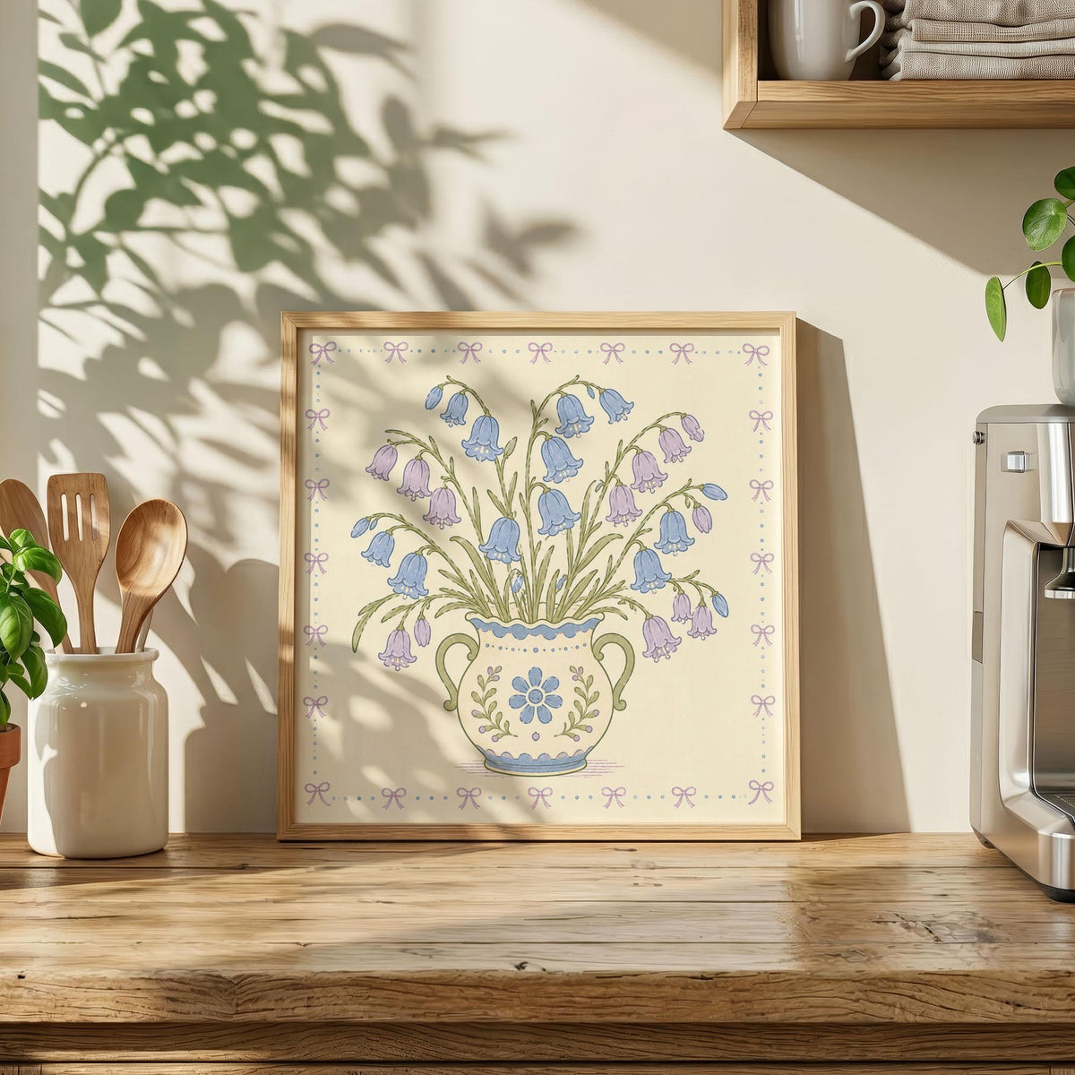 Bluebell Bouquet Print, Blue and Lilac Flowers in Decorative Vase, Floral Wall Art