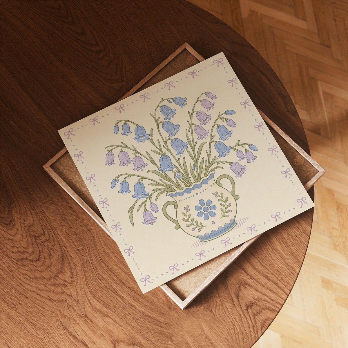 Bluebell Bouquet Print, Blue and Lilac Flowers in Decorative Vase, Floral Wall Art