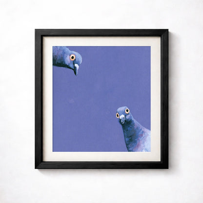 Funny Pigeon Print, Curious Blue Pigeons Wall Art, Quirky Square Bird Poster