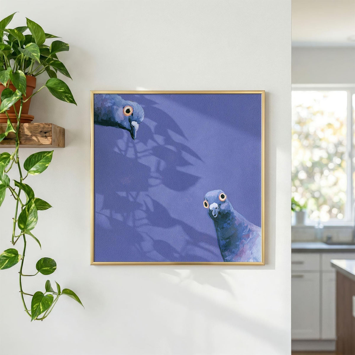 Funny Pigeon Print, Curious Blue Pigeons Wall Art, Quirky Square Bird Poster