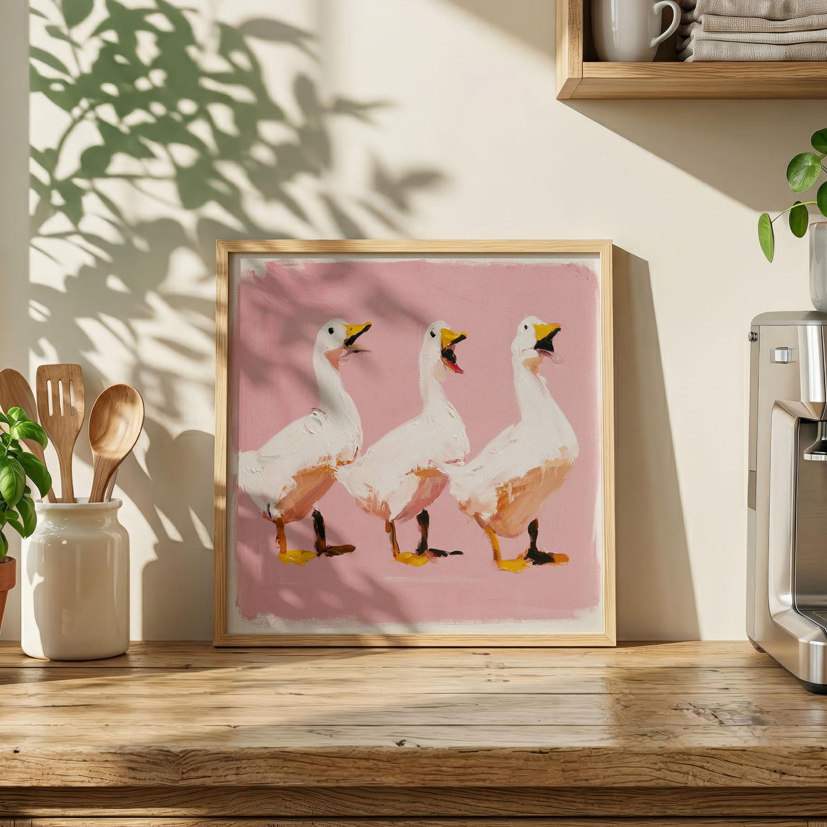 Dancing Ducks Print, Funny Duck Wall Art, Pink Quirky Animal Poster for Eclectic Decor