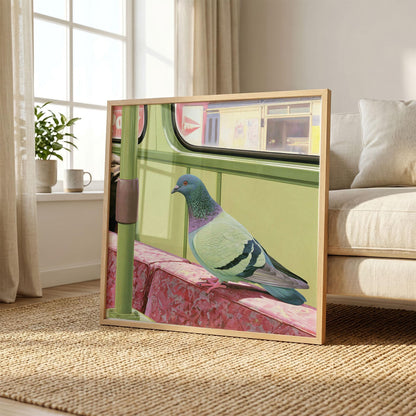 Commuter Pigeon Art Print, Funny Bird Wall Art, Quirky Retro Transport Poster