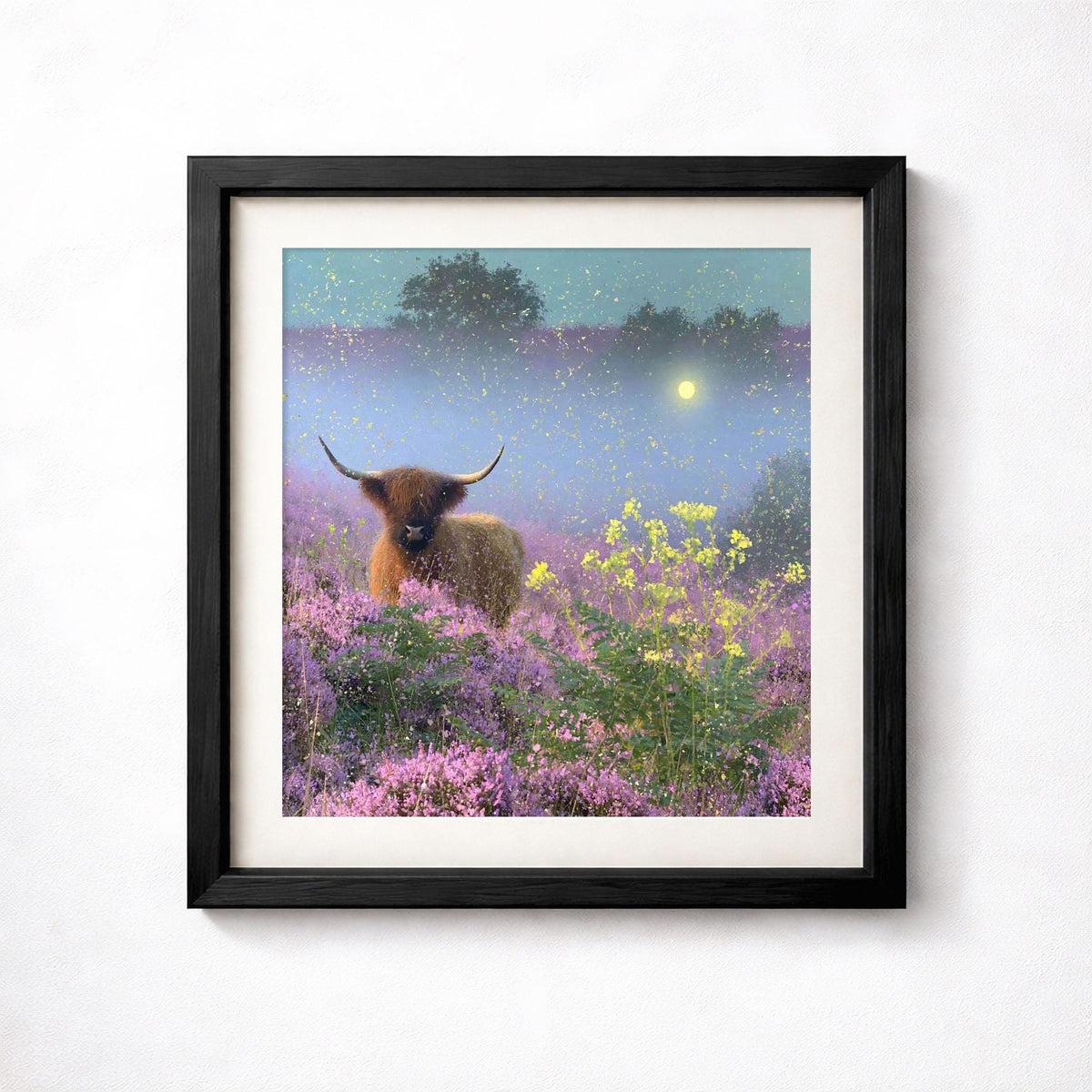 Highland Cow Print, Purple Heather Wall Art, Misty Wildflower Landscape