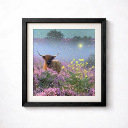 Highland Cow Print, Purple Heather Wall Art, Misty Wildflower Landscape