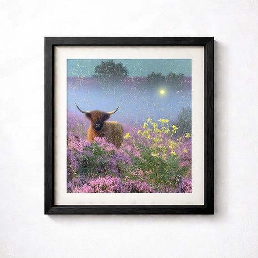 Highland Cow Print, Purple Heather Wall Art, Misty Wildflower Landscape