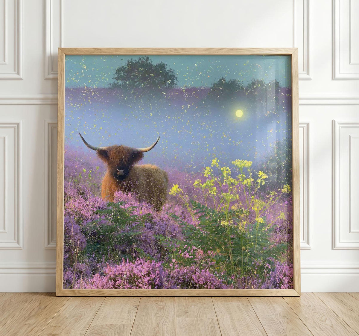 Highland Cow Print, Purple Heather Wall Art, Misty Wildflower Landscape