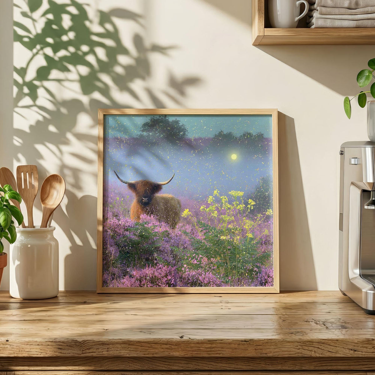 Highland Cow Print, Purple Heather Wall Art, Misty Wildflower Landscape