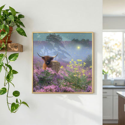 Highland Cow Print, Purple Heather Wall Art, Misty Wildflower Landscape