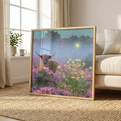 Highland Cow Print, Purple Heather Wall Art, Misty Wildflower Landscape