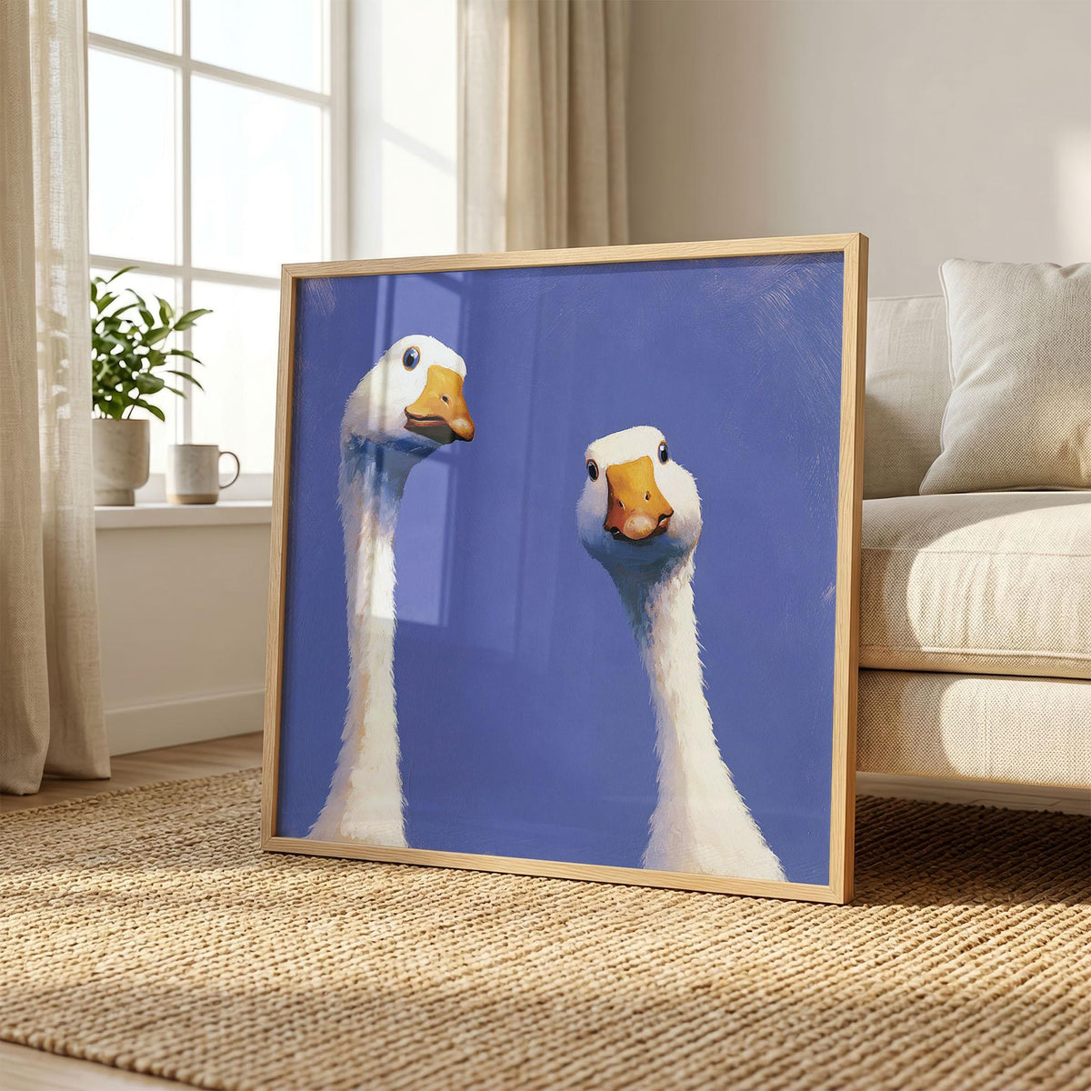 Curious Geese Print, Funny Goose Wall Art, Quirky Blue Bird Poster