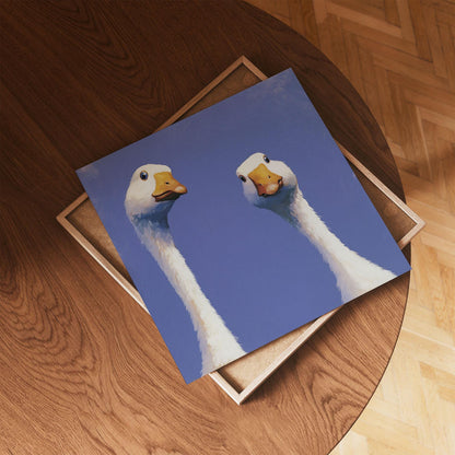 Curious Geese Print, Funny Goose Wall Art, Quirky Blue Bird Poster