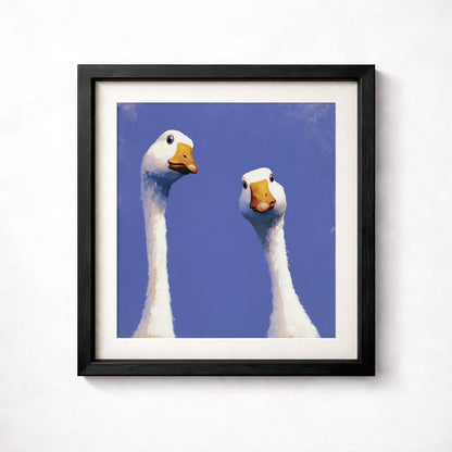 Curious Geese Print, Funny Goose Wall Art, Quirky Blue Bird Poster