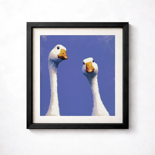 Curious Geese Print, Funny Goose Wall Art, Quirky Blue Bird Poster
