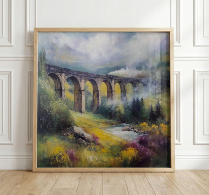 Glenfinnan Viaduct Print, Scottish Steam Train Art, Misty Highlands Landscape