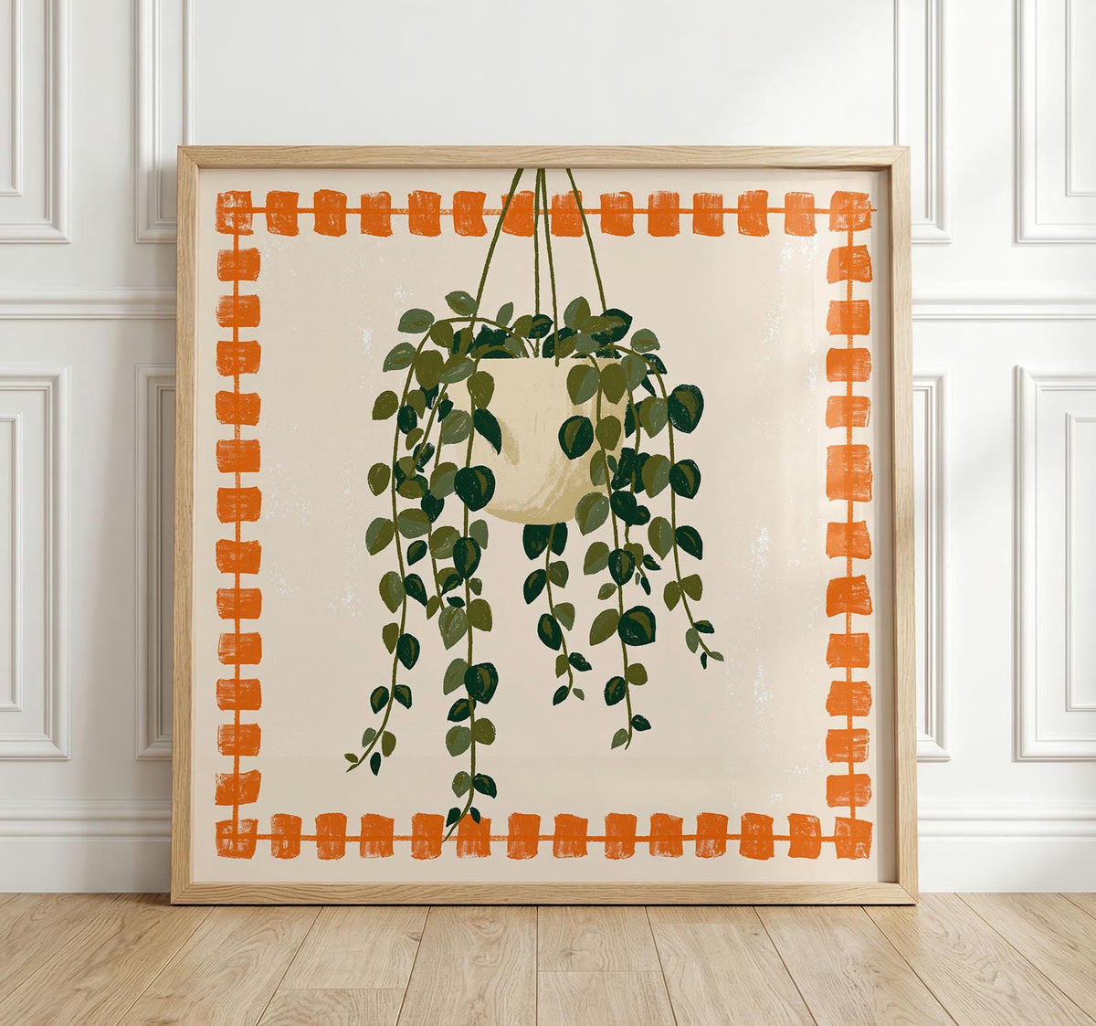 Hanging Plant Print, Retro Botanical Wall Art, Orange and Green Houseplant Poster