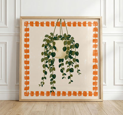 Hanging Plant Print, Retro Botanical Wall Art, Orange and Green Houseplant Poster