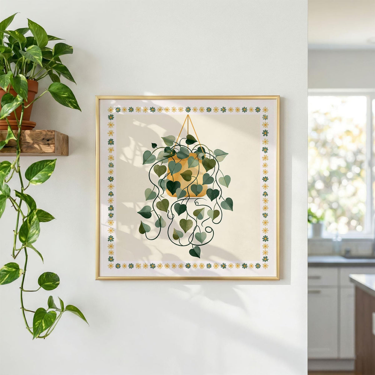 Hanging Plant Print, Retro Botanical Wall Art, Mustard Yellow and Green Houseplant Poster