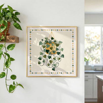 Hanging Plant Print, Retro Botanical Wall Art, Mustard Yellow and Green Houseplant Poster