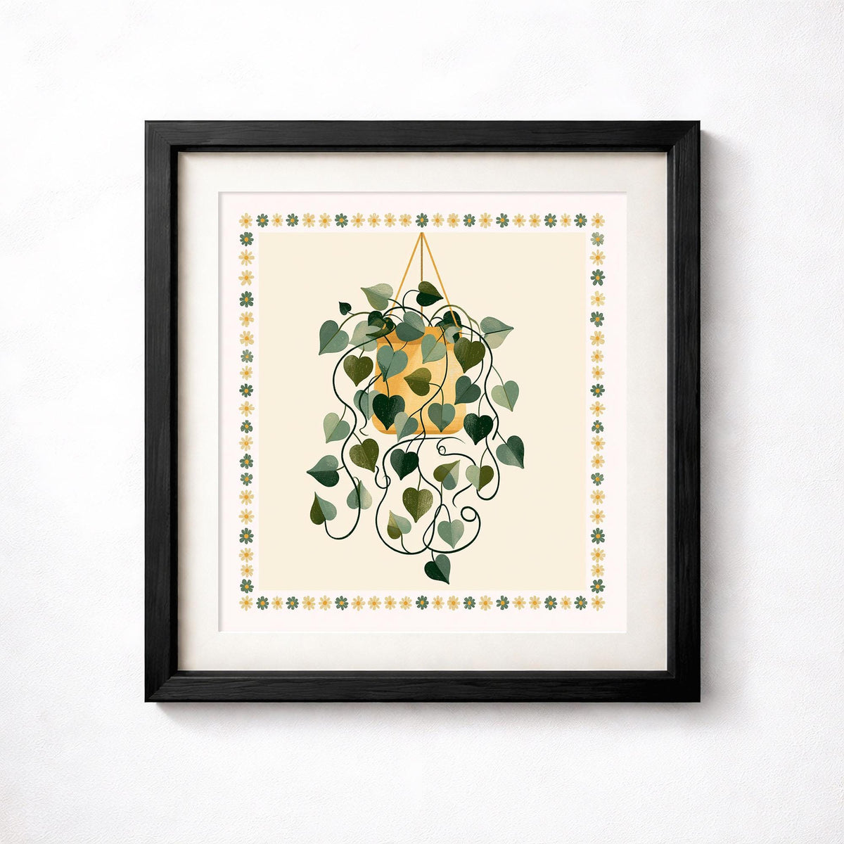 Hanging Plant Print, Retro Botanical Wall Art, Mustard Yellow and Green Houseplant Poster