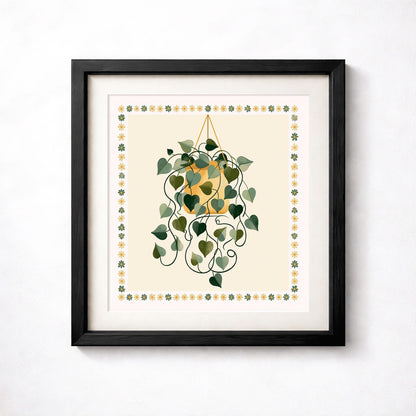Hanging Plant Print, Retro Botanical Wall Art, Mustard Yellow and Green Houseplant Poster