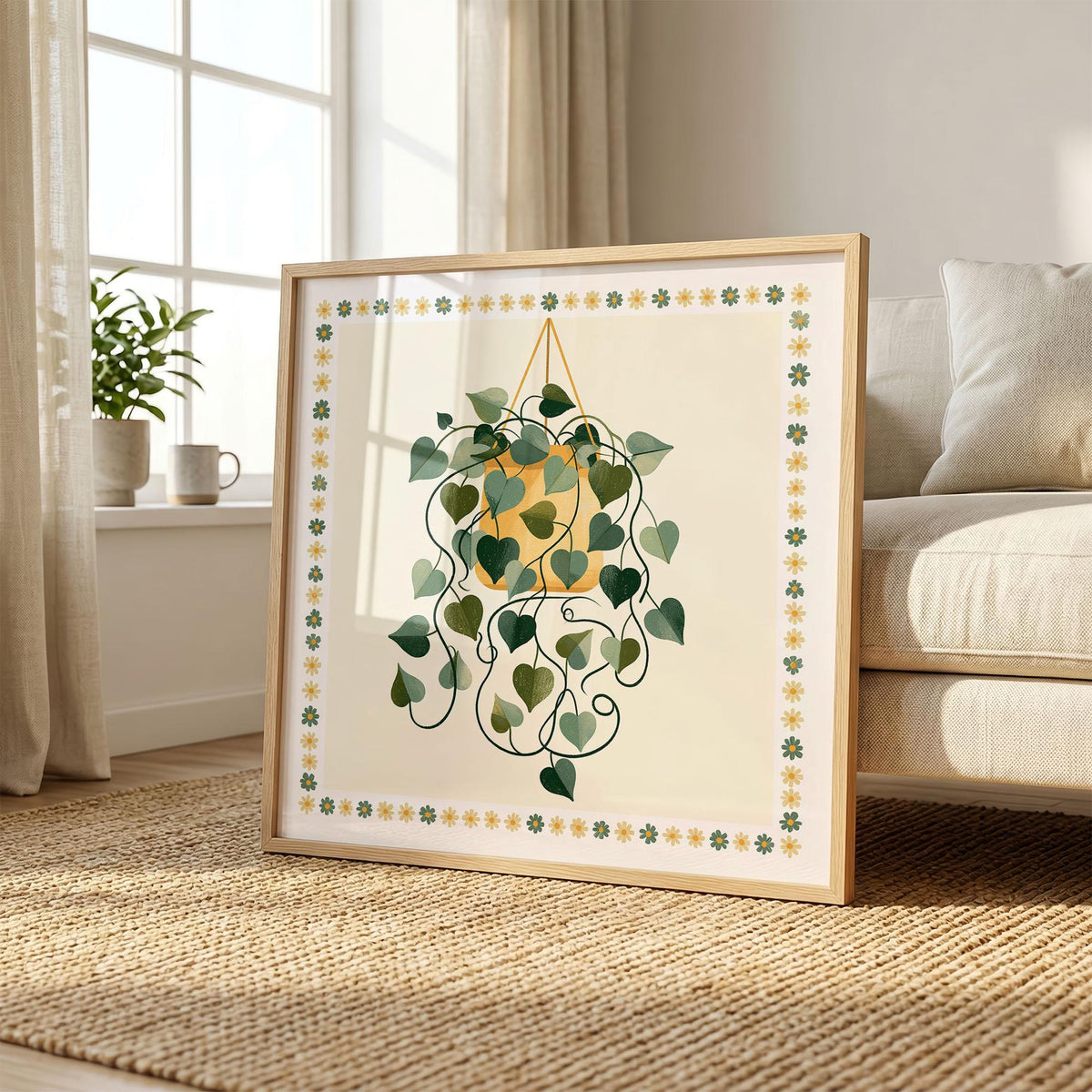 Hanging Plant Print, Retro Botanical Wall Art, Mustard Yellow and Green Houseplant Poster