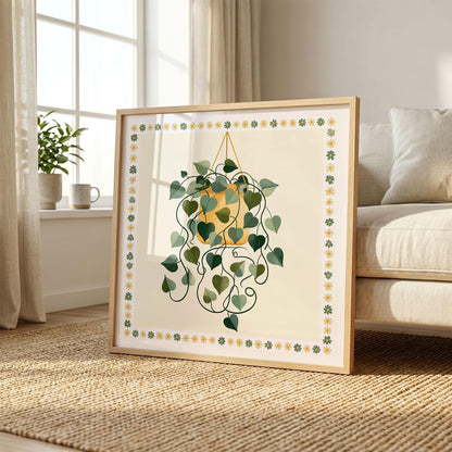 Hanging Plant Print, Retro Botanical Wall Art, Mustard Yellow and Green Houseplant Poster