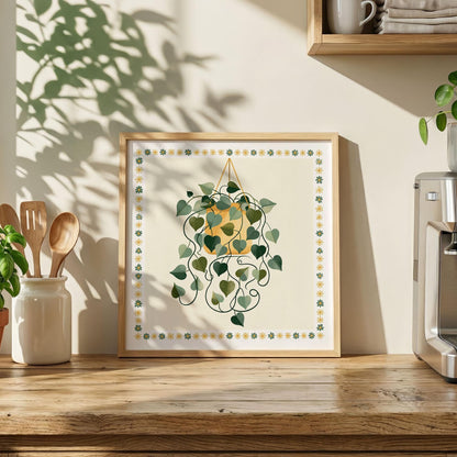 Hanging Plant Print, Retro Botanical Wall Art, Mustard Yellow and Green Houseplant Poster