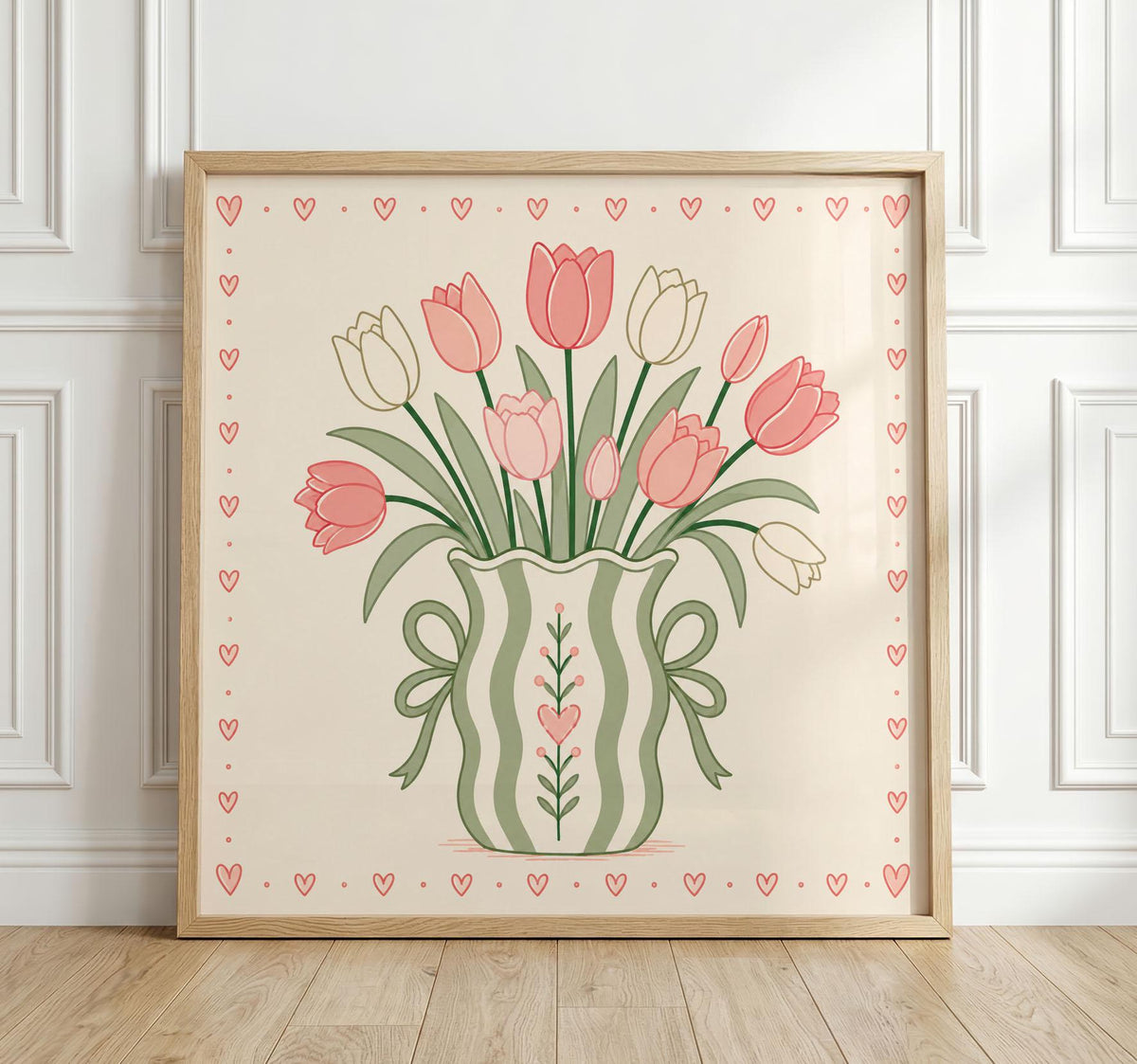 Pink Tulip Bouquet Print, Sage Green Floral Wall Art, Whimsical Striped Vase Poster