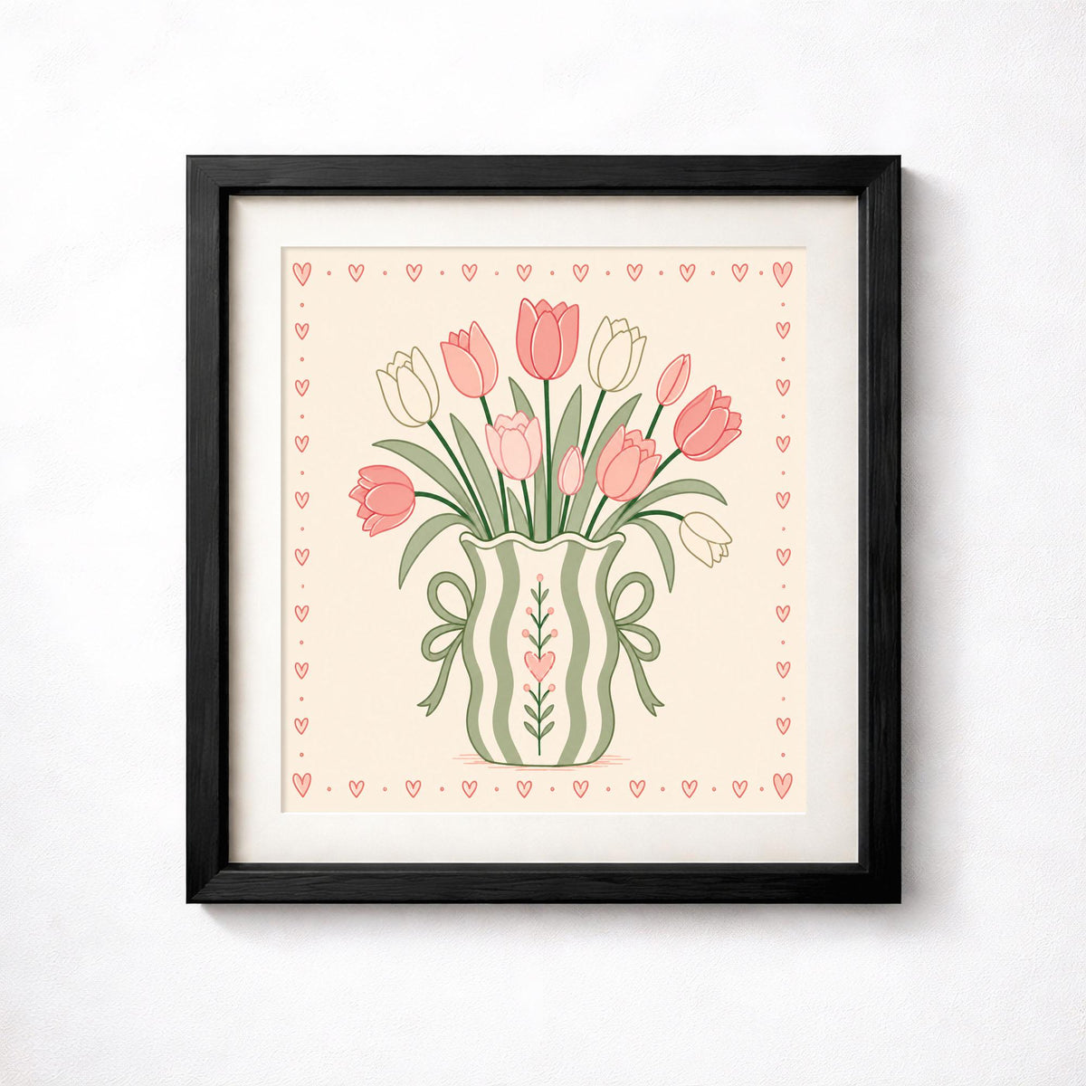 Pink Tulip Bouquet Print, Sage Green Floral Wall Art, Whimsical Striped Vase Poster