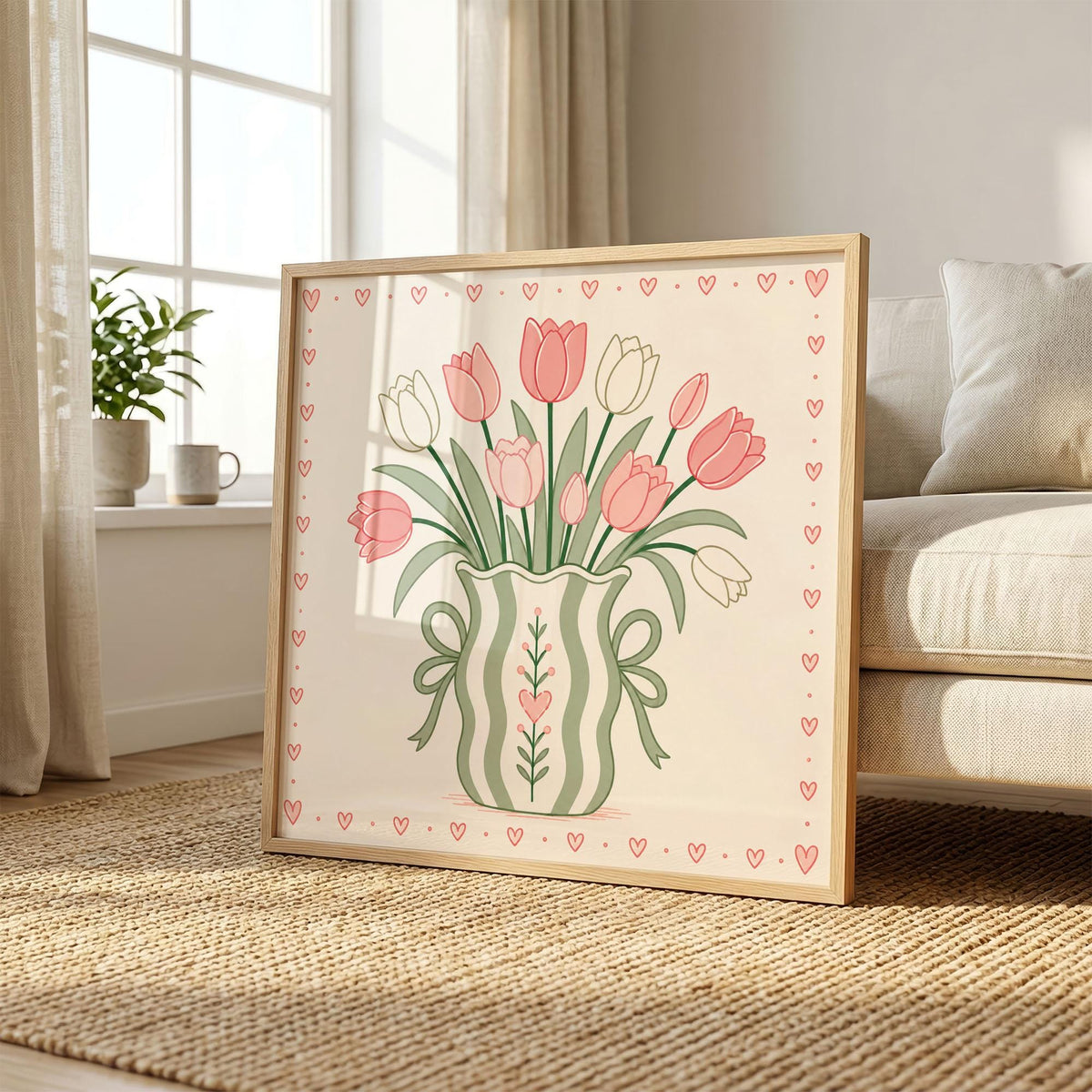 Pink Tulip Bouquet Print, Sage Green Floral Wall Art, Whimsical Striped Vase Poster