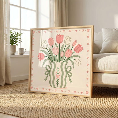 Pink Tulip Bouquet Print, Sage Green Floral Wall Art, Whimsical Striped Vase Poster
