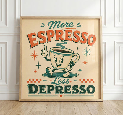 More Espresso Less Depresso Print, Retro Coffee Wall Art, Mid-Century Kitchen Poster