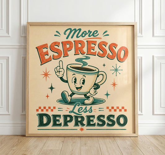 More Espresso Less Depresso Print, Retro Coffee Wall Art, Mid-Century Kitchen Poster