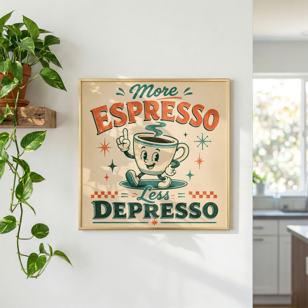 More Espresso Less Depresso Print, Retro Coffee Wall Art, Mid-Century Kitchen Poster