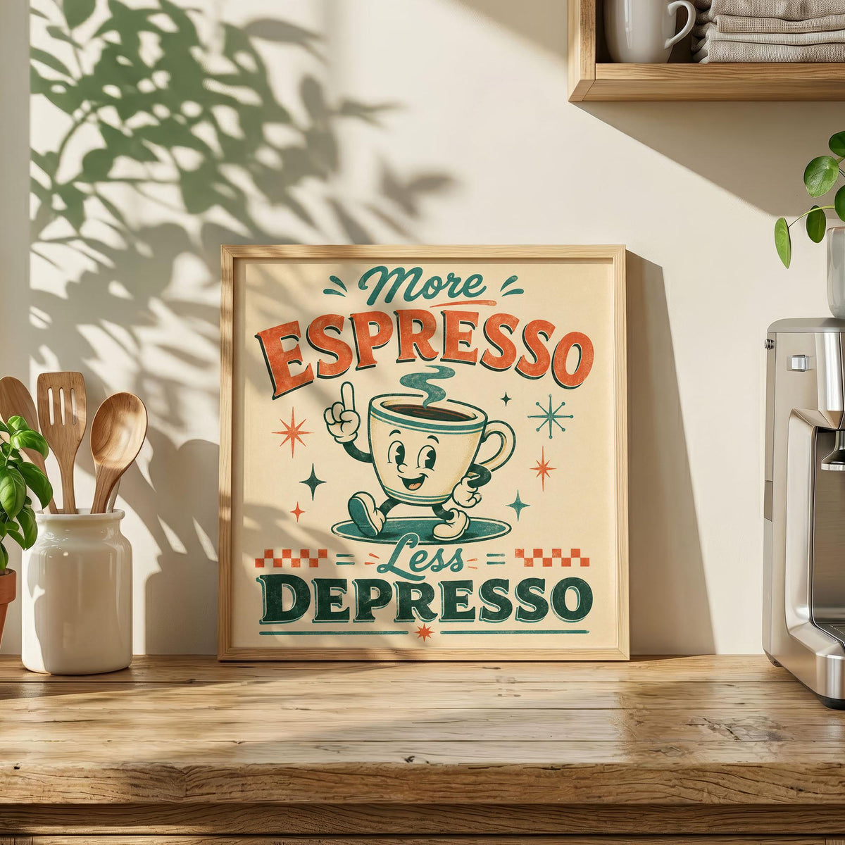 More Espresso Less Depresso Print, Retro Coffee Wall Art, Mid-Century Kitchen Poster