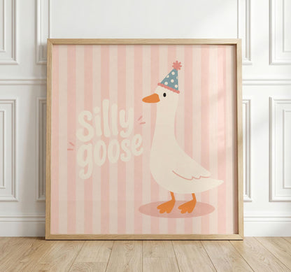 Party Hat Goose Print, Pink Nursery Wall Art, Whimsical Kids Poster