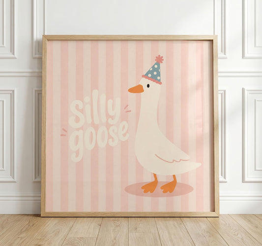Party Hat Goose Print, Pink Nursery Wall Art, Whimsical Kids Poster